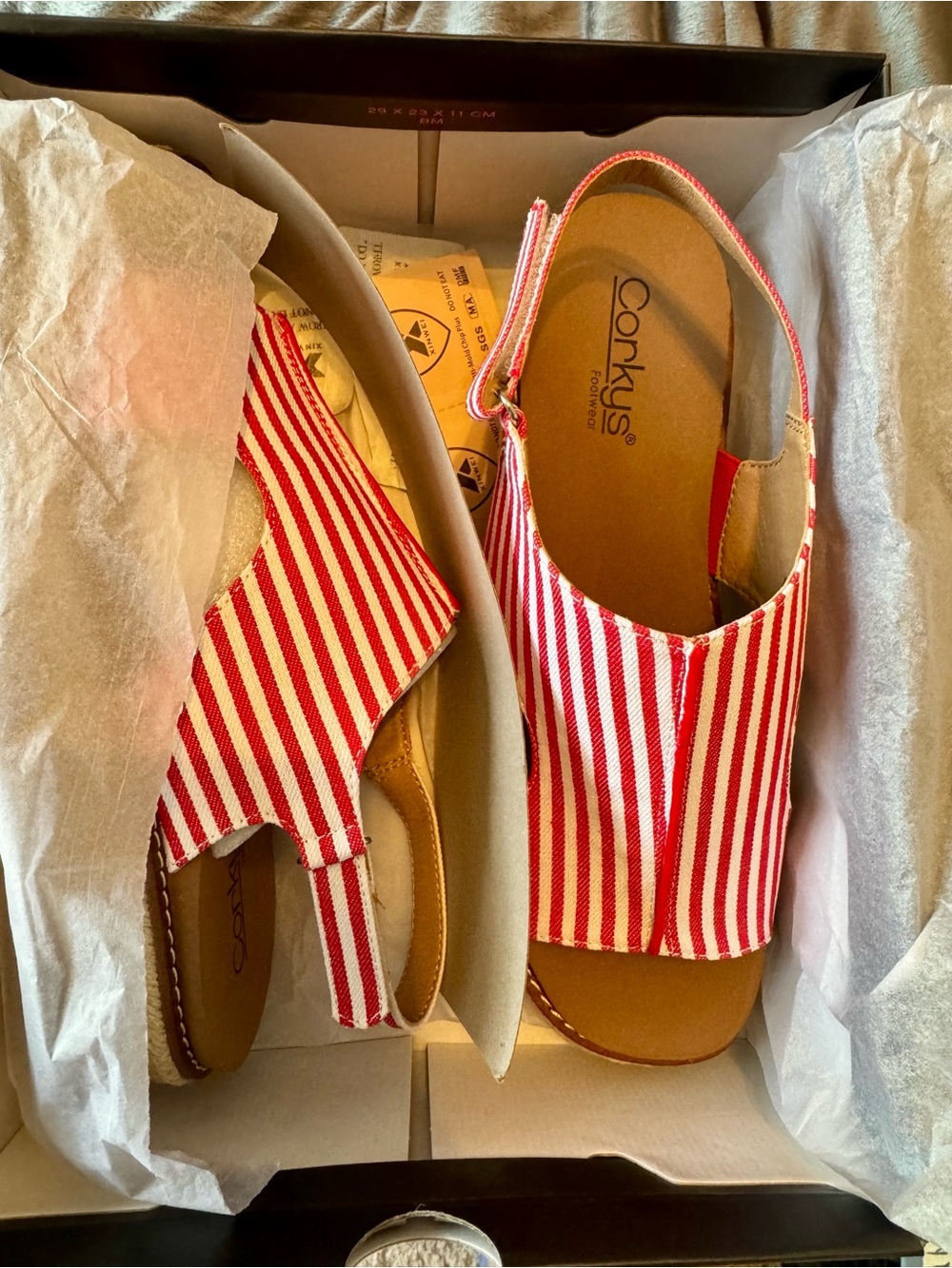 Corkys Red & White Striped Wedge Sandals - Picture 2 of 9